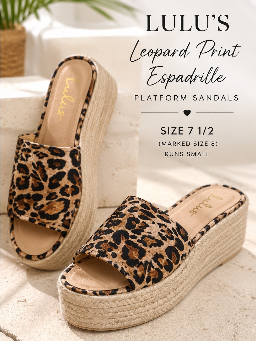 Lulus Leopard Platform Sandals Espadrille Slides Size 8 (Fits 7.5 Runs Small)